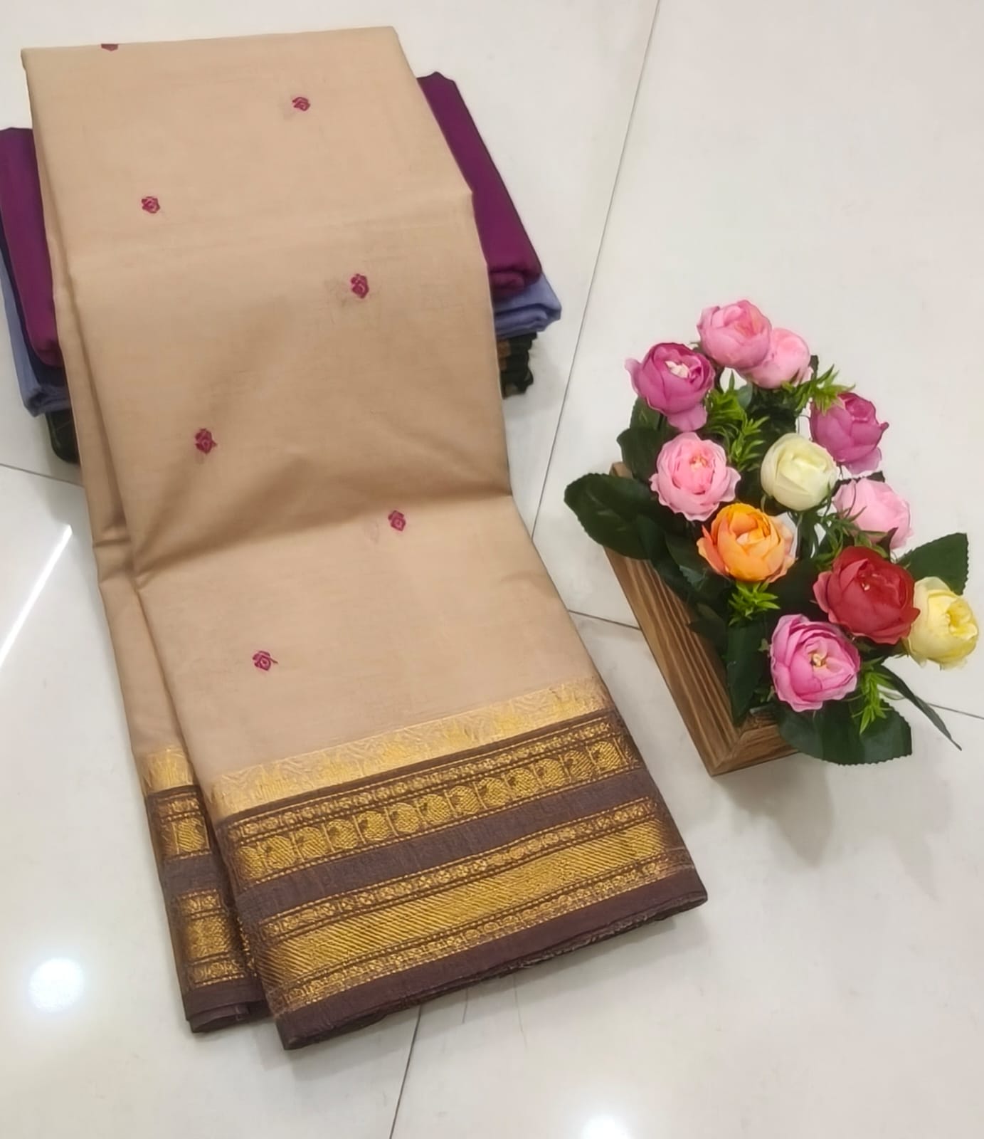 Beige Kanchi Cotton Saree with Maroon Zari Border